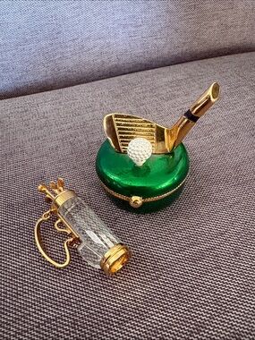 Rucinni Gold & Green Golf  Enamel Trinket Box & crystal clubs